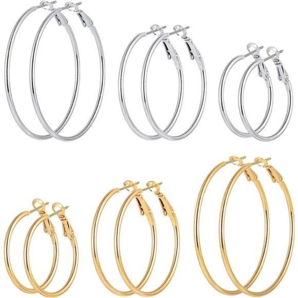 6 Pairs Stainless Steel gold silver Plated Hoop Earrings for Women Girls Cute - Picture 1 of 7